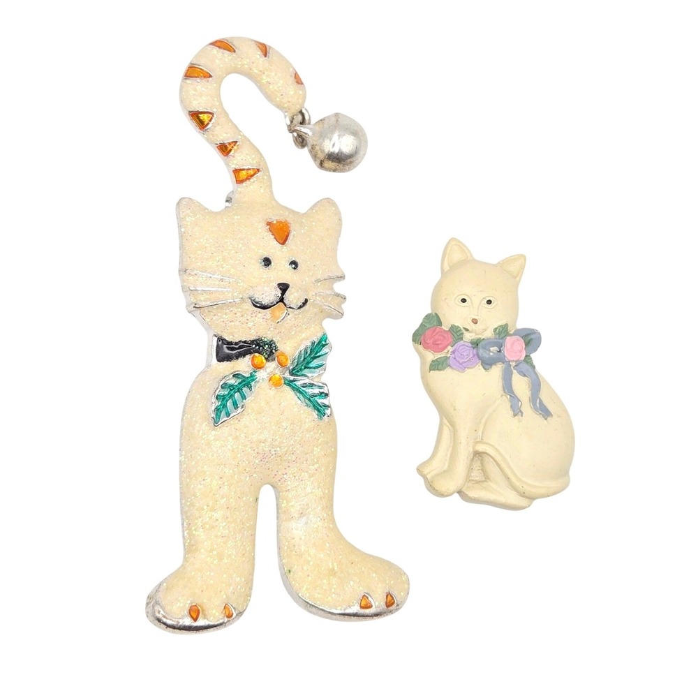 Vintage Cat Brooch Pin Set Enamel Glitter Bell Holly & Resin Floral Rose Cat